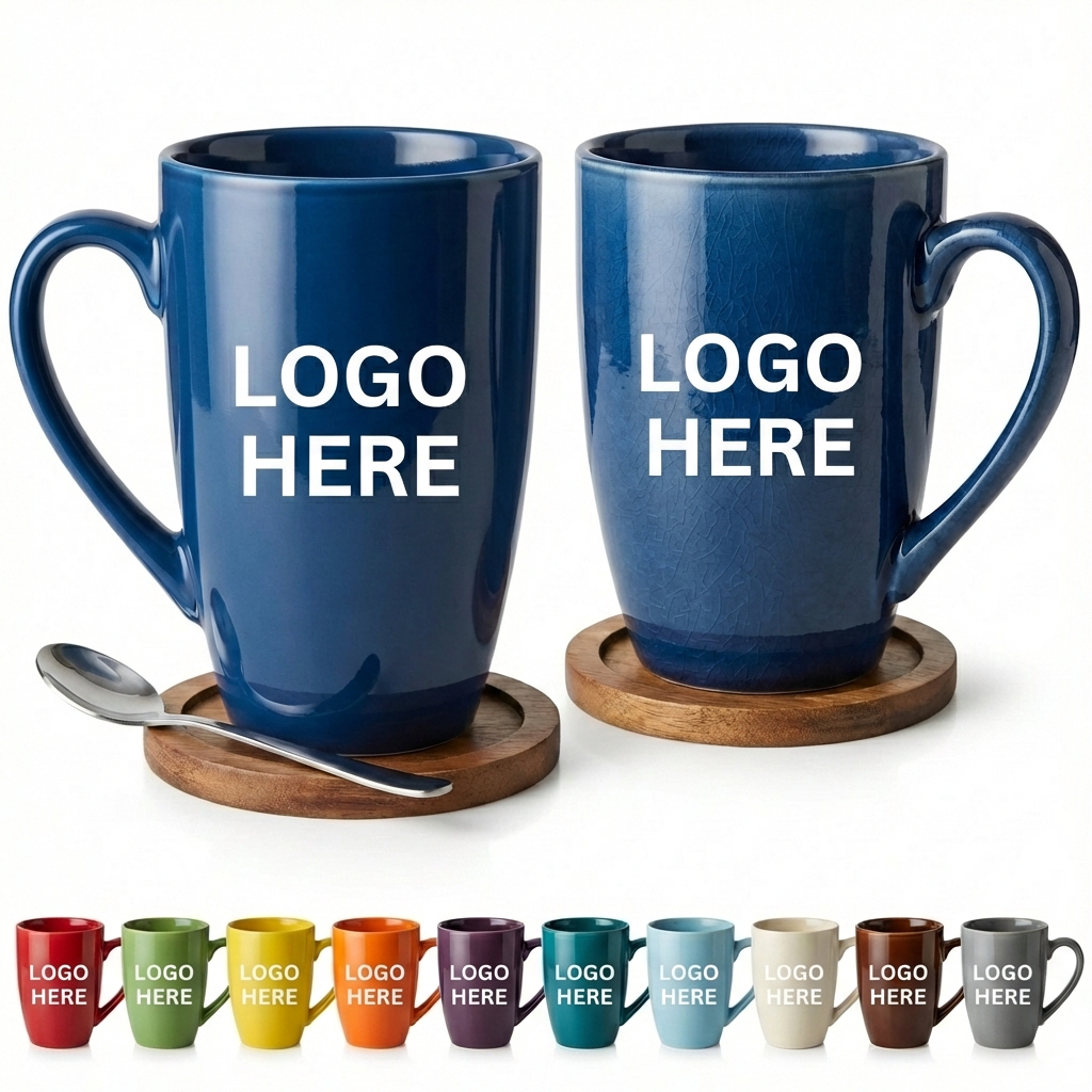Customizable Blue Ceramic Mug Set - Glossy & Crackle Finish