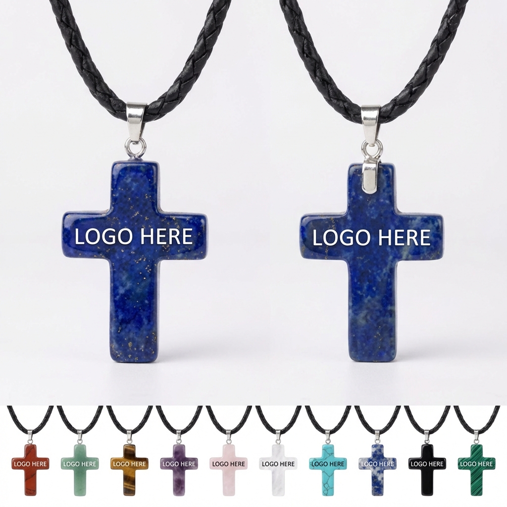 Smooth-Edged Gemstone Cross on Adjustable Black Cord